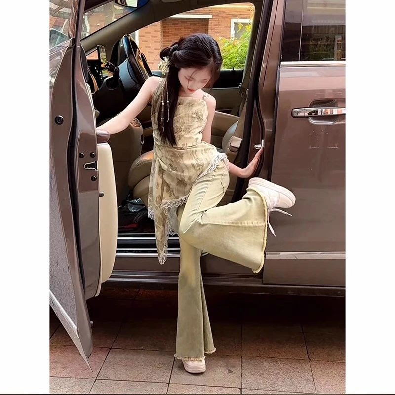 女童夏装套装2024新款洋气儿童韩版女孩夏季牛仔裤吊带裙子两件套