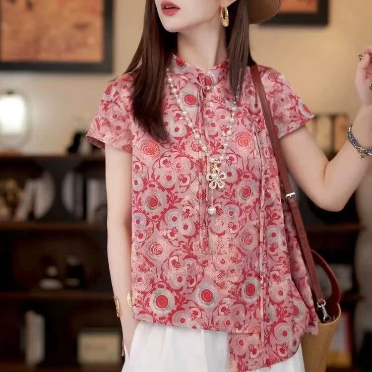 新中式国风立领提花短袖衬衫女夏季高级感盘扣上衣小衫