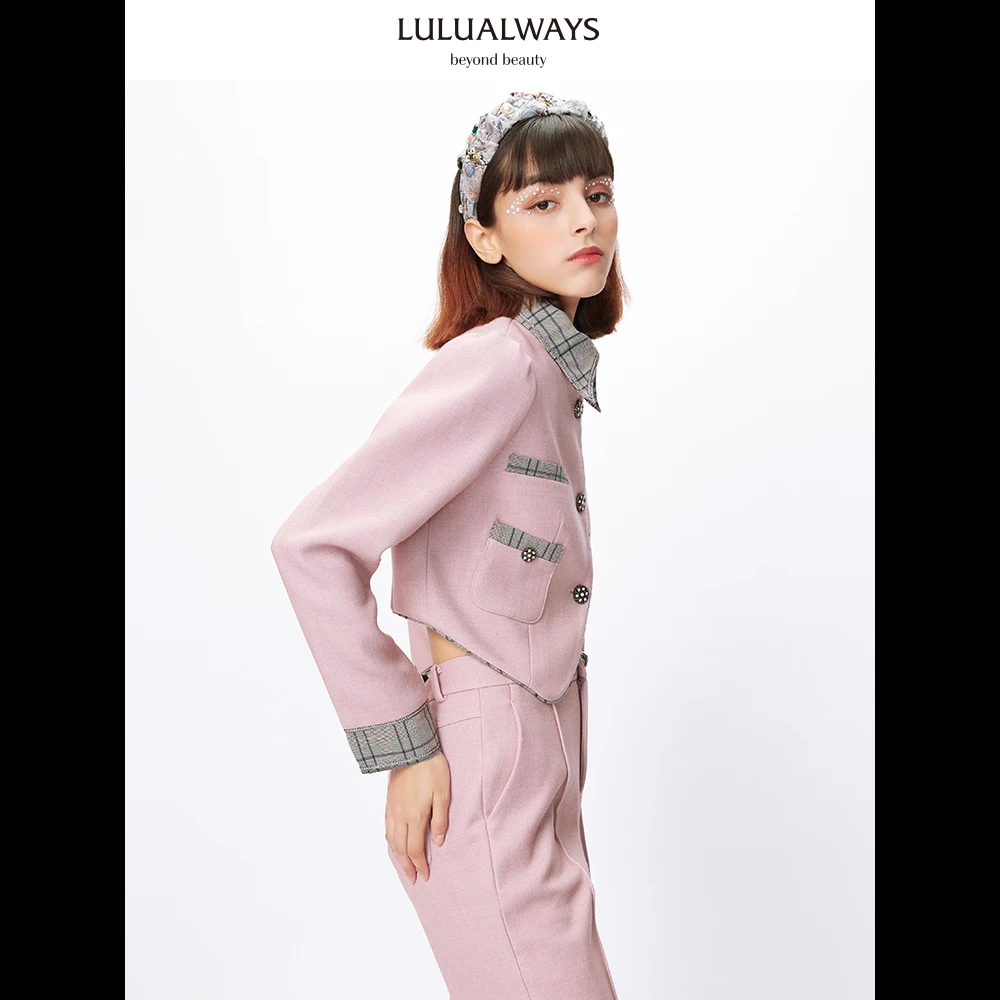 LULUALWAYS2021冬季新款时尚气质拼接撞色格子口袋短外套LMC1048