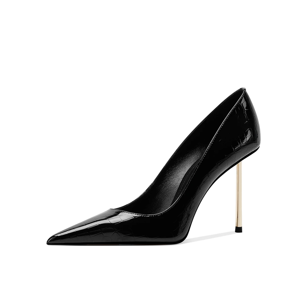 Z15-【玄络渊华】（鳄压纹）高级感压纹浅口高跟鞋尖头细高跟魅惑黑色