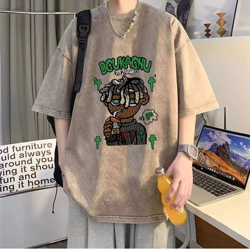 2025新款重磅美式街头嘻哈男孩印花短袖夏季男生做旧水洗纯棉t恤