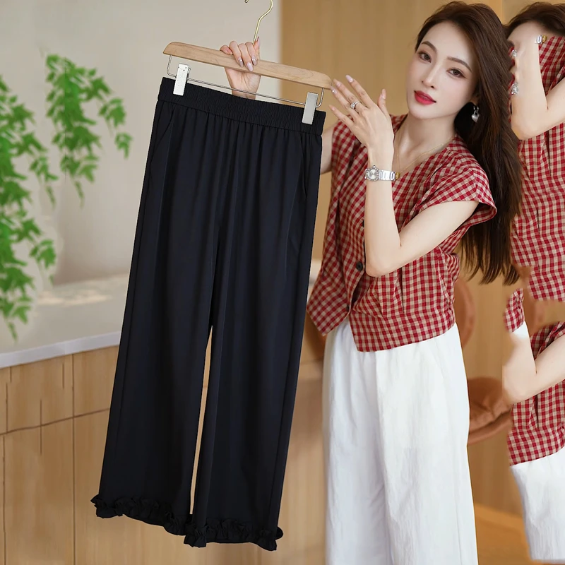 薄款阔腿裤夏季纯色九分裤休闲裤花边拼接直筒裤子