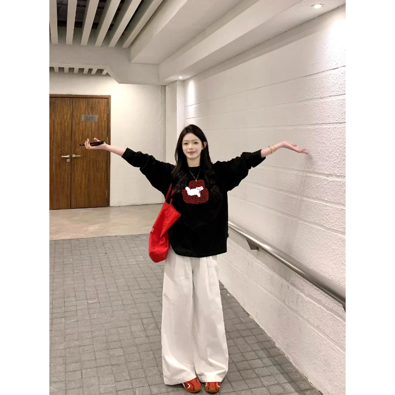 100%纯棉美式重磅长袖t恤女新款爆款春秋季宽松慵懒风打底衫上衣