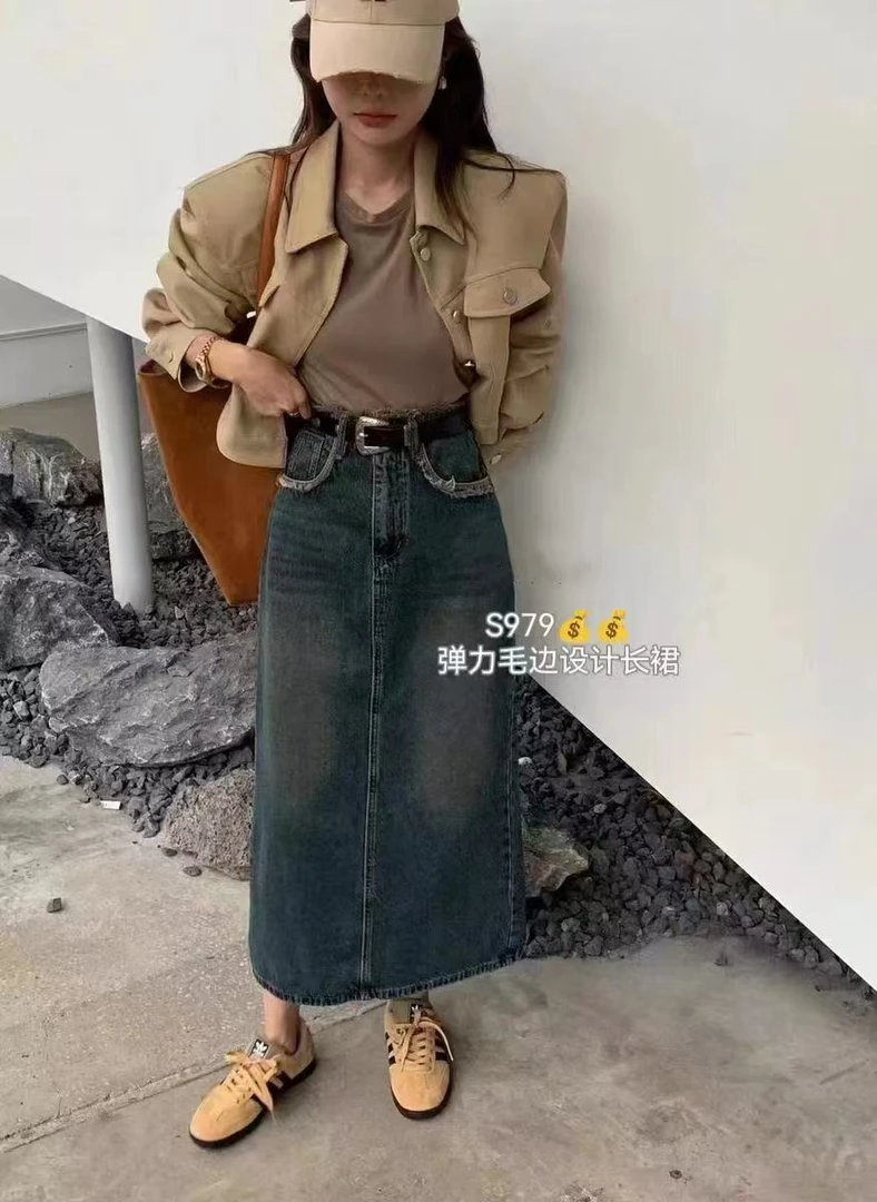 显瘦弹力毛边长裙