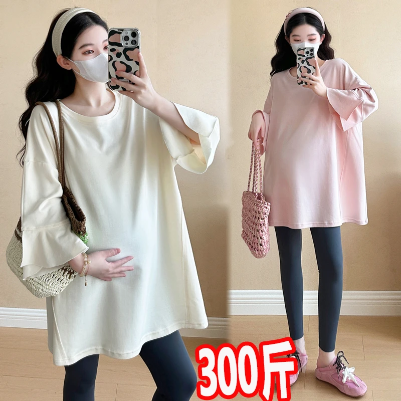 大码孕妇装上衣2025新款春夏七分袖t恤300宽松遮肚潮妈200斤套装
