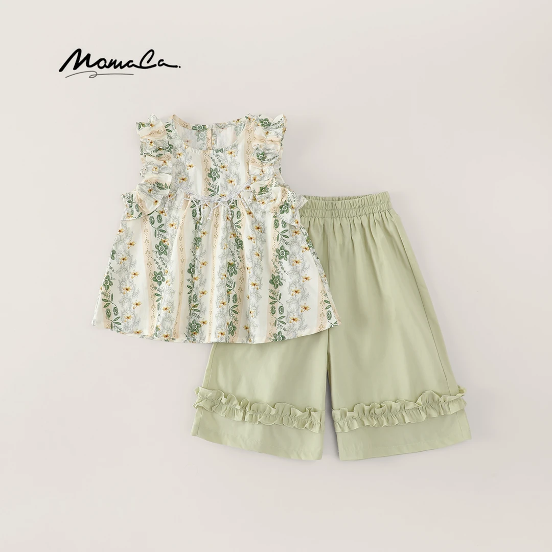 MOMOCO新款夏季女宝纯棉薄款时尚碎花珍珠花边两件套77630578132
