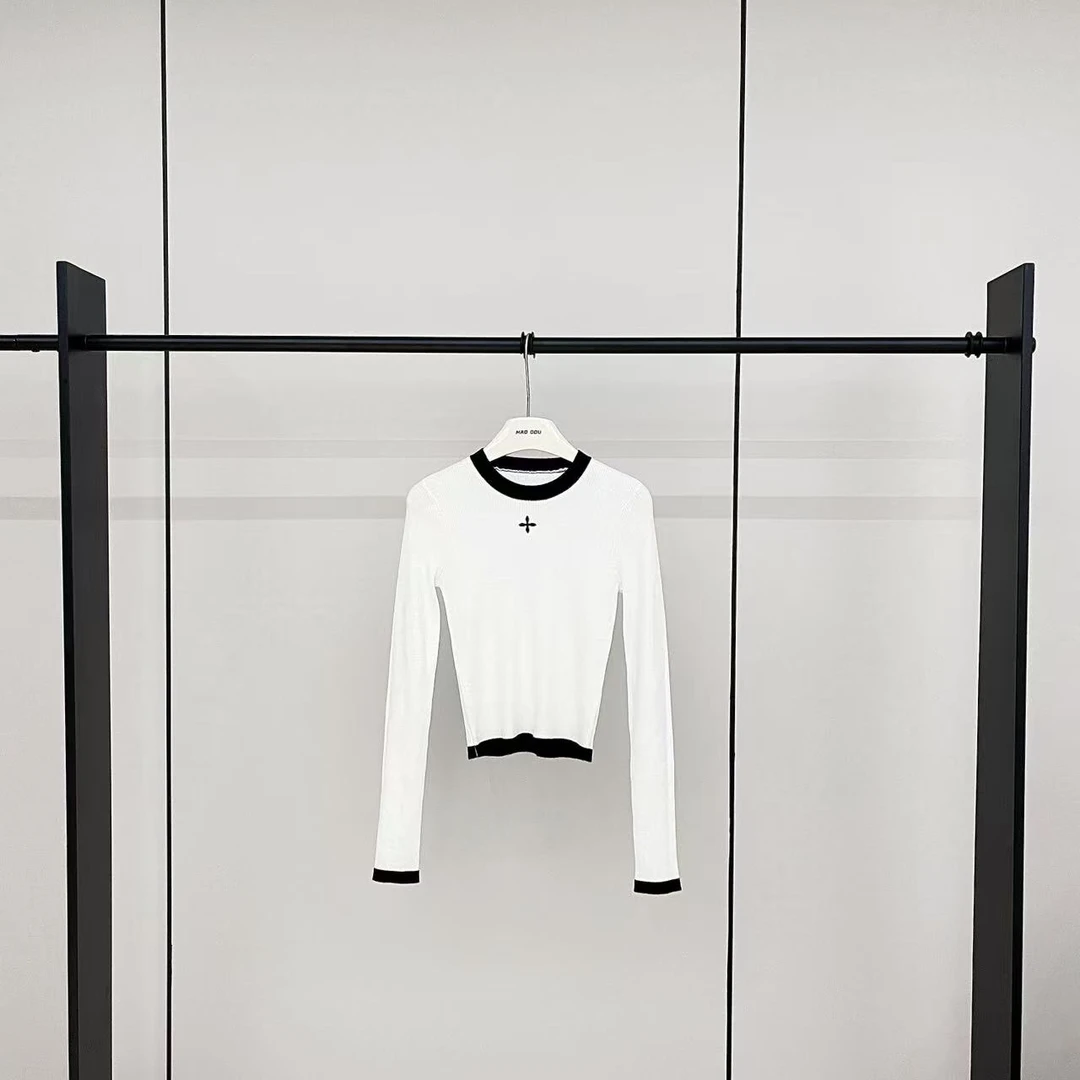 【MAODOU】5369 月下鹤影 长袖短款百搭条纹时尚显瘦针织衫