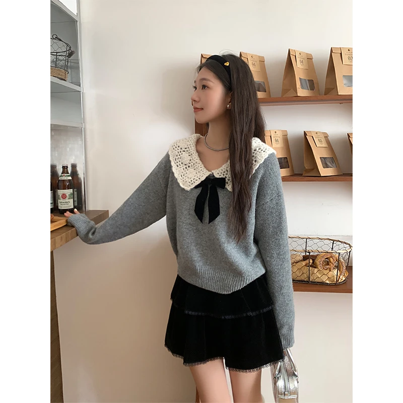 自留款娃娃领钩花蝴蝶结针织衫女2024秋季新款宽松小众毛衣上衣