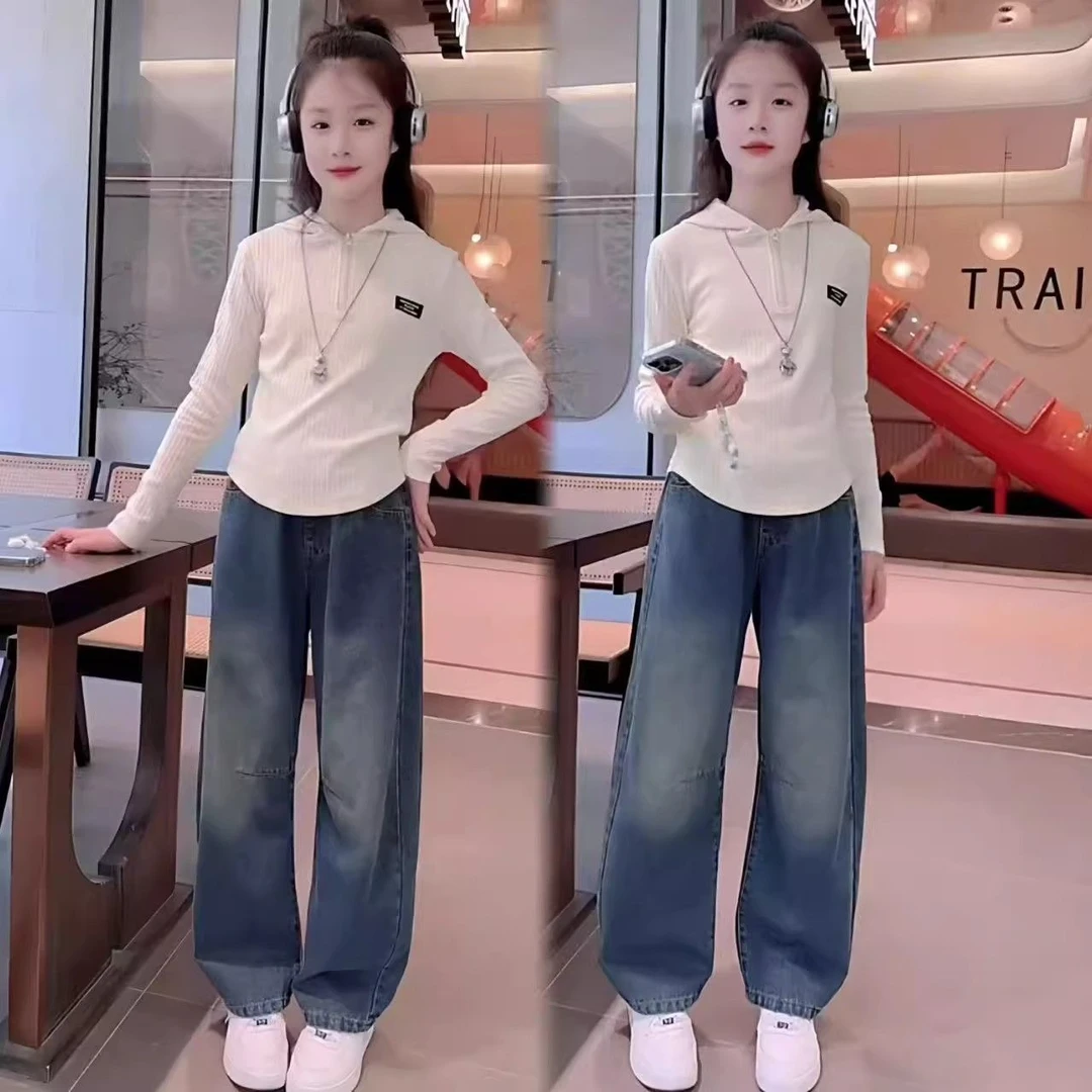 女童早秋韩系休闲穿搭简约字母针织半拉链帽衫百搭牛仔弯刀裤套装