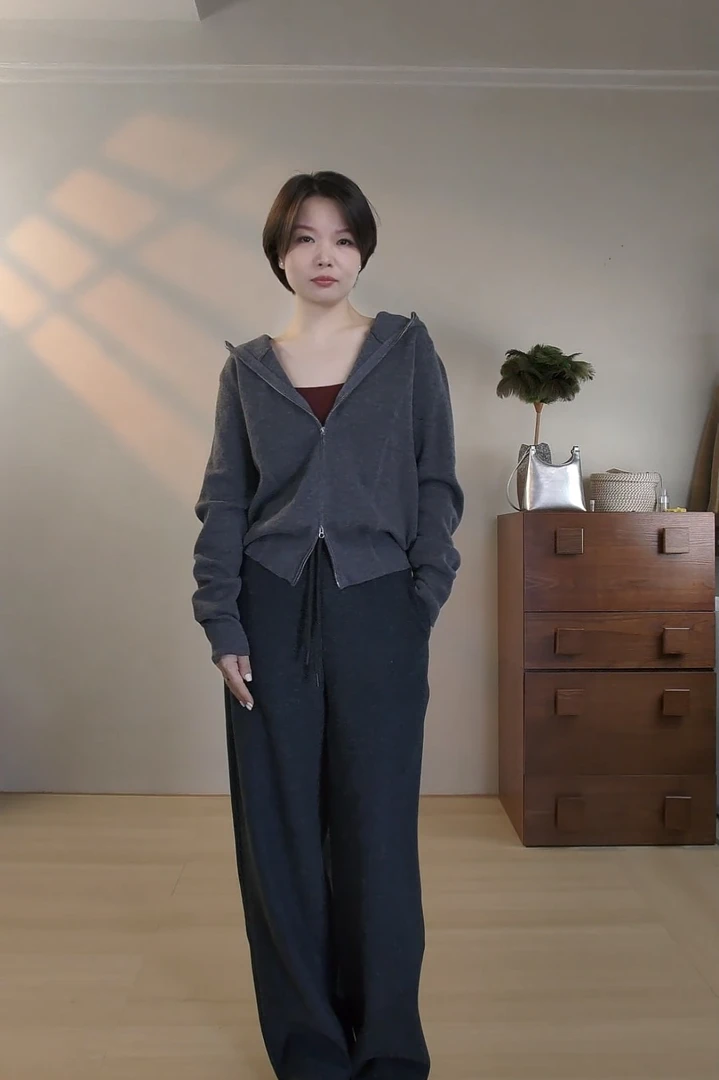 48支羊毛双拉链连帽针织衫女开衫外套秋装2025年新款内搭灰色卫衣