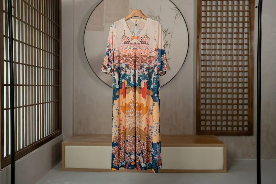 夏季碎花长裙女装复古中国风印花连衣裙圆领V领时尚