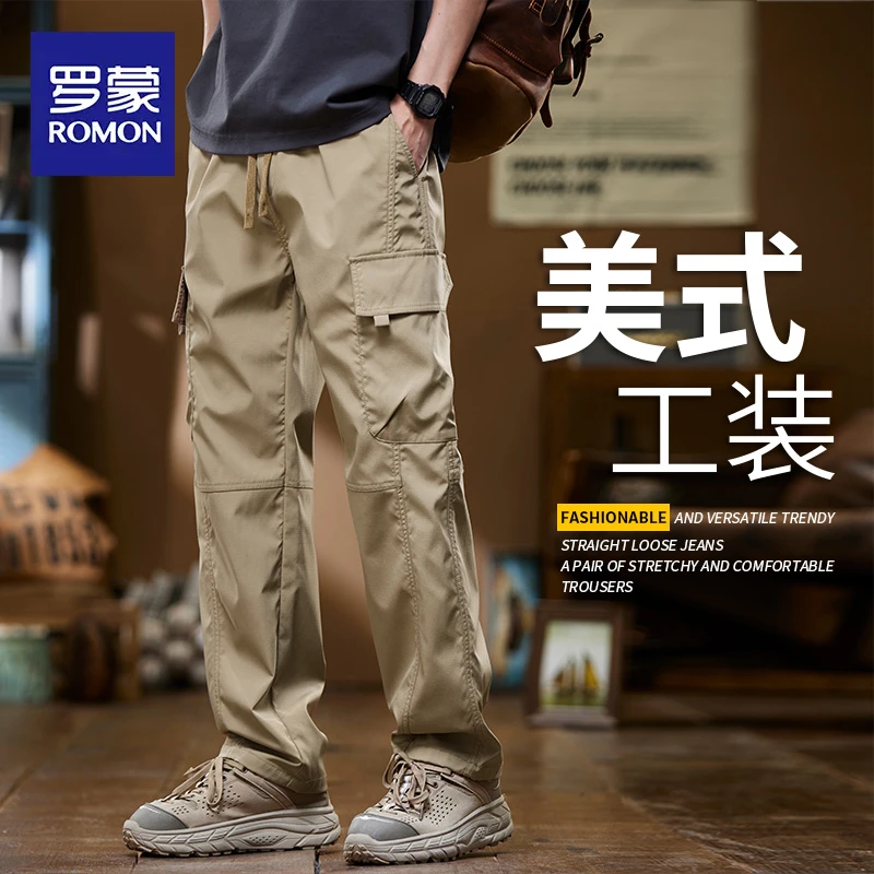 罗蒙美式宽松工装裤男士2025新款户外冲锋长裤直筒多口袋休闲裤男