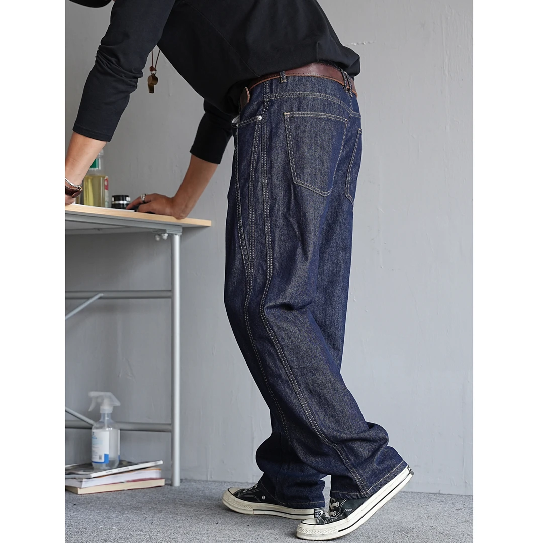 秋季美式复古痞帅拼接原浆原色牛仔裤男直筒宽松质感通勤百搭长裤