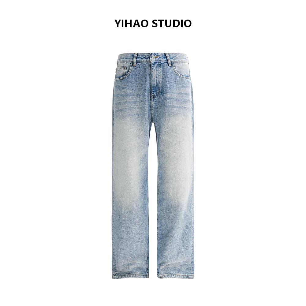 YIHAO STUDIO秋季男款水洗浅蓝色宽松直筒牛仔裤复古休闲长裤