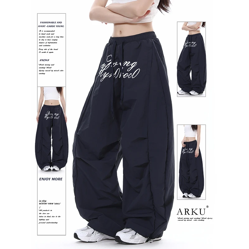 ARKU美式复古字母印花伞兵工装裤男女宽松褶皱设计阔腿休闲弯刀裤