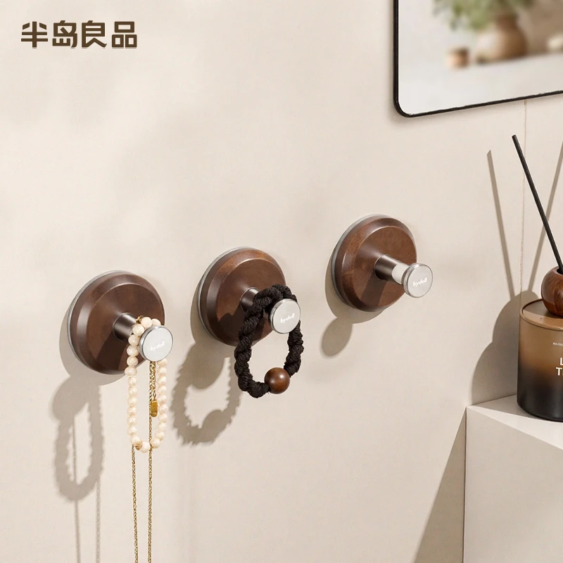 【半岛良品】实木真空吸盘挂钩免打孔强力无痕新款粘钩中古风胡桃木