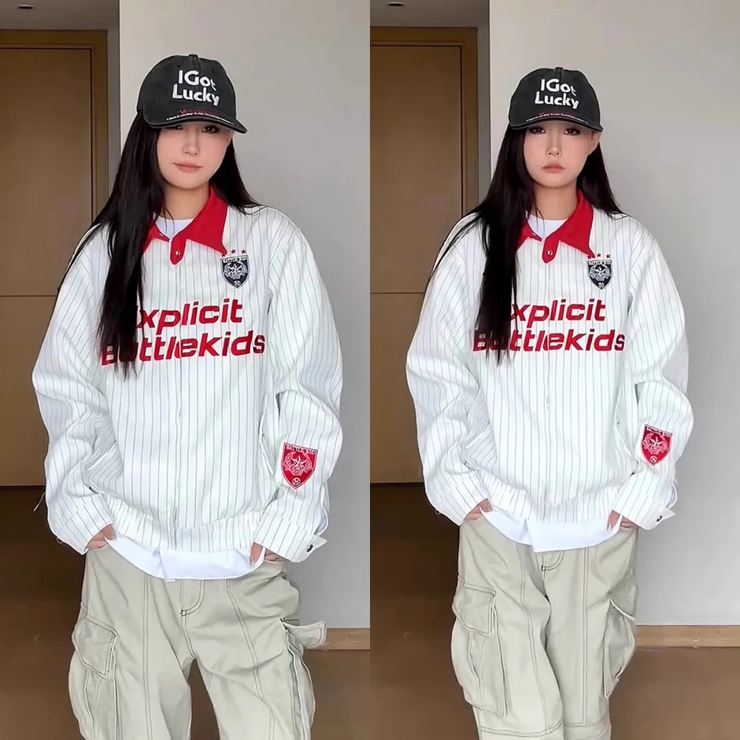 美式复古撞色条纹翻领夹克外套男女春秋宽松设计工装刺绣棒球服