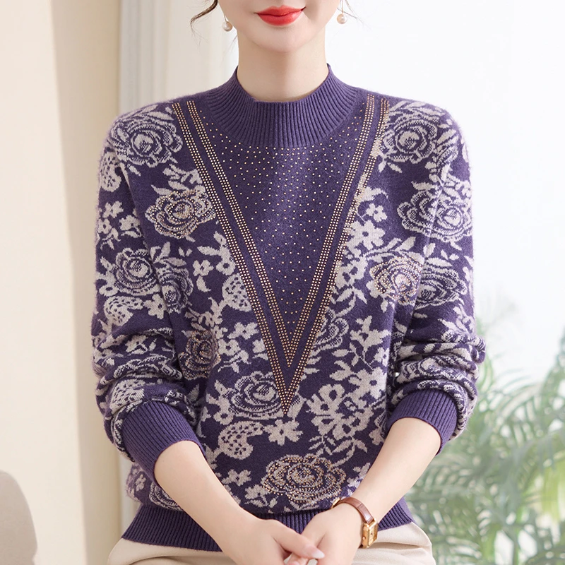 洋气妈妈秋冬装半高领保暖上衣中老年女装一体绒内搭毛衣#25286