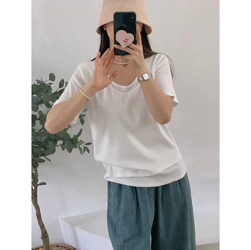 假两件U领罗纹短袖T恤 2025夏季新款韩版上衣1273