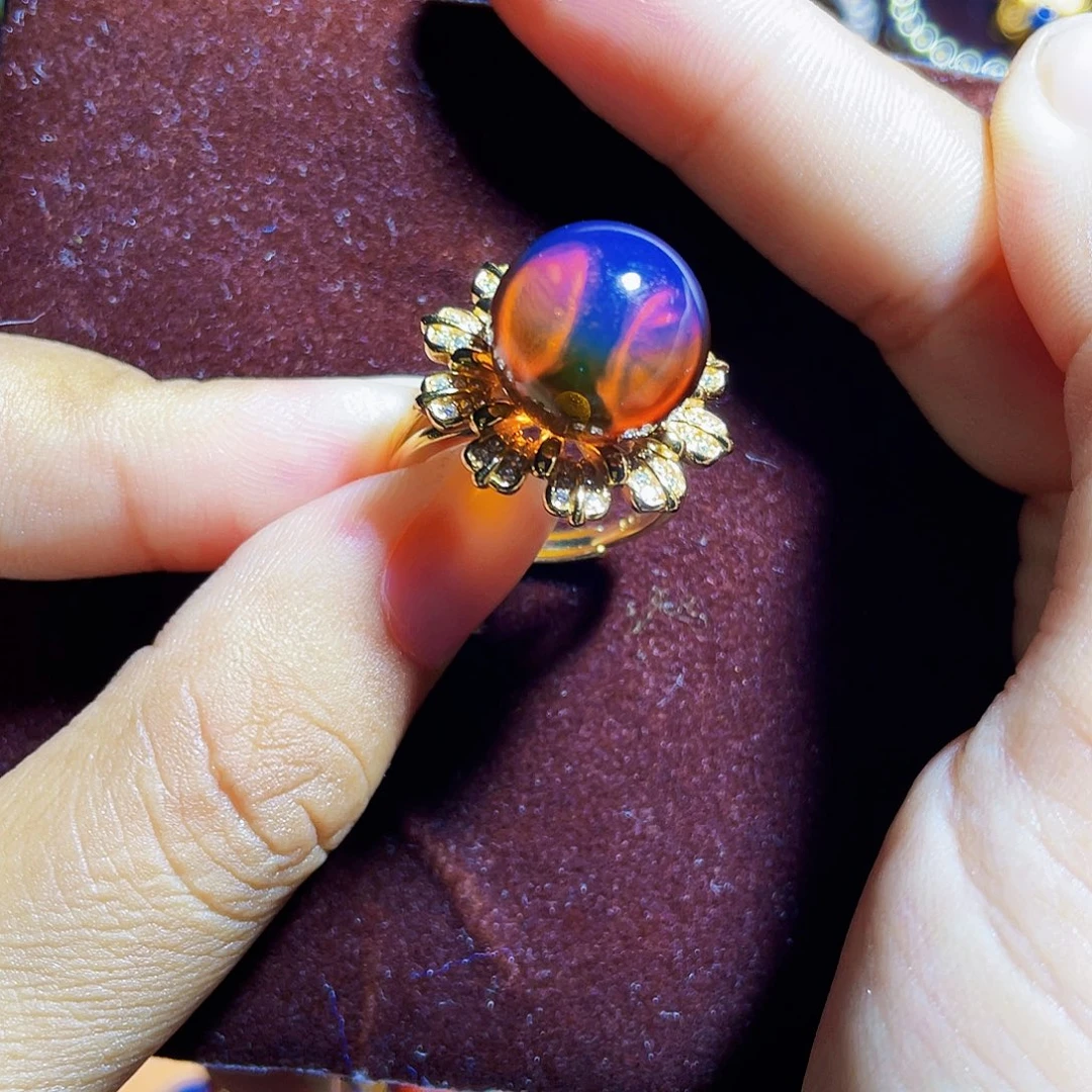 蓝珀裸石银S925镶嵌红蓝戒指