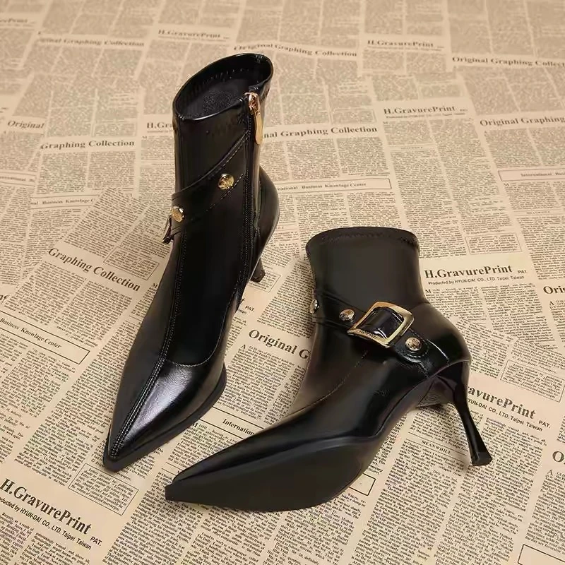 尖头短靴时尚女士黑色真皮细跟粗跟高跟跟鞋气质百搭方头弹力秋冬