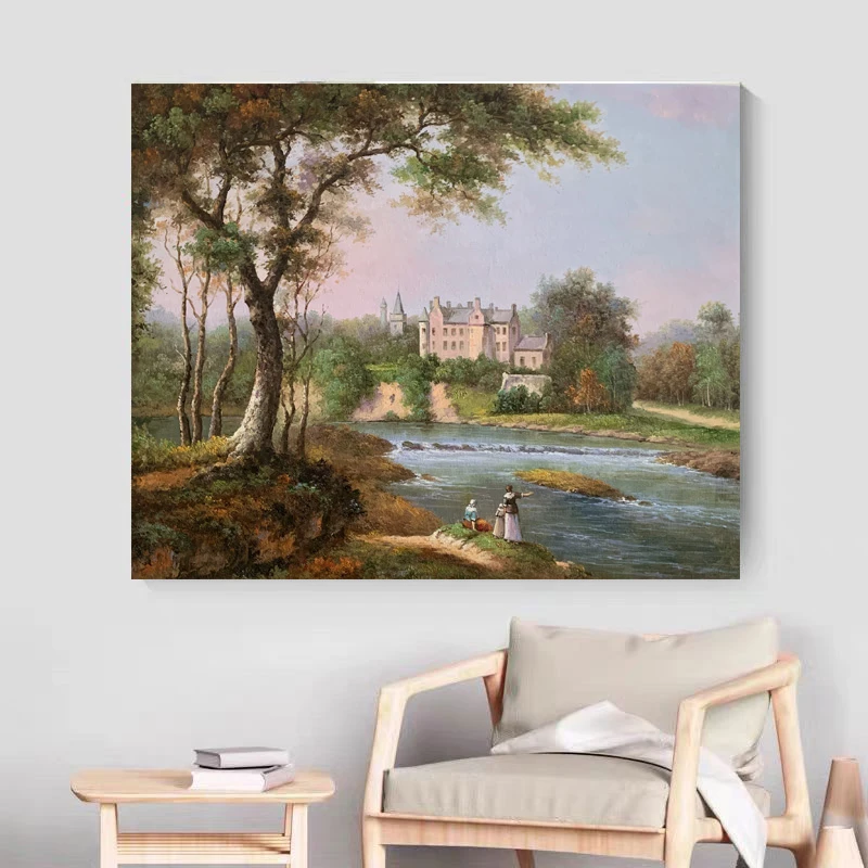 《河畔古堡》50*60含内框，刘春建手绘油画装饰画，客厅背景墙挂画