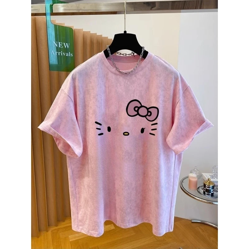 胖mm240斤大码凯蒂猫卡通扎染短袖t恤女夏季新款时髦小众洋气上衣
