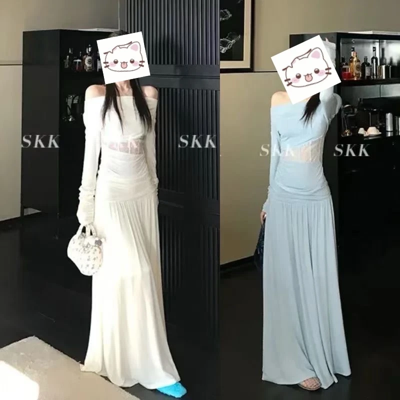 穿搭一整套韩系高级感御姐镂空蕾丝褶皱一字肩连衣裙裙子25106