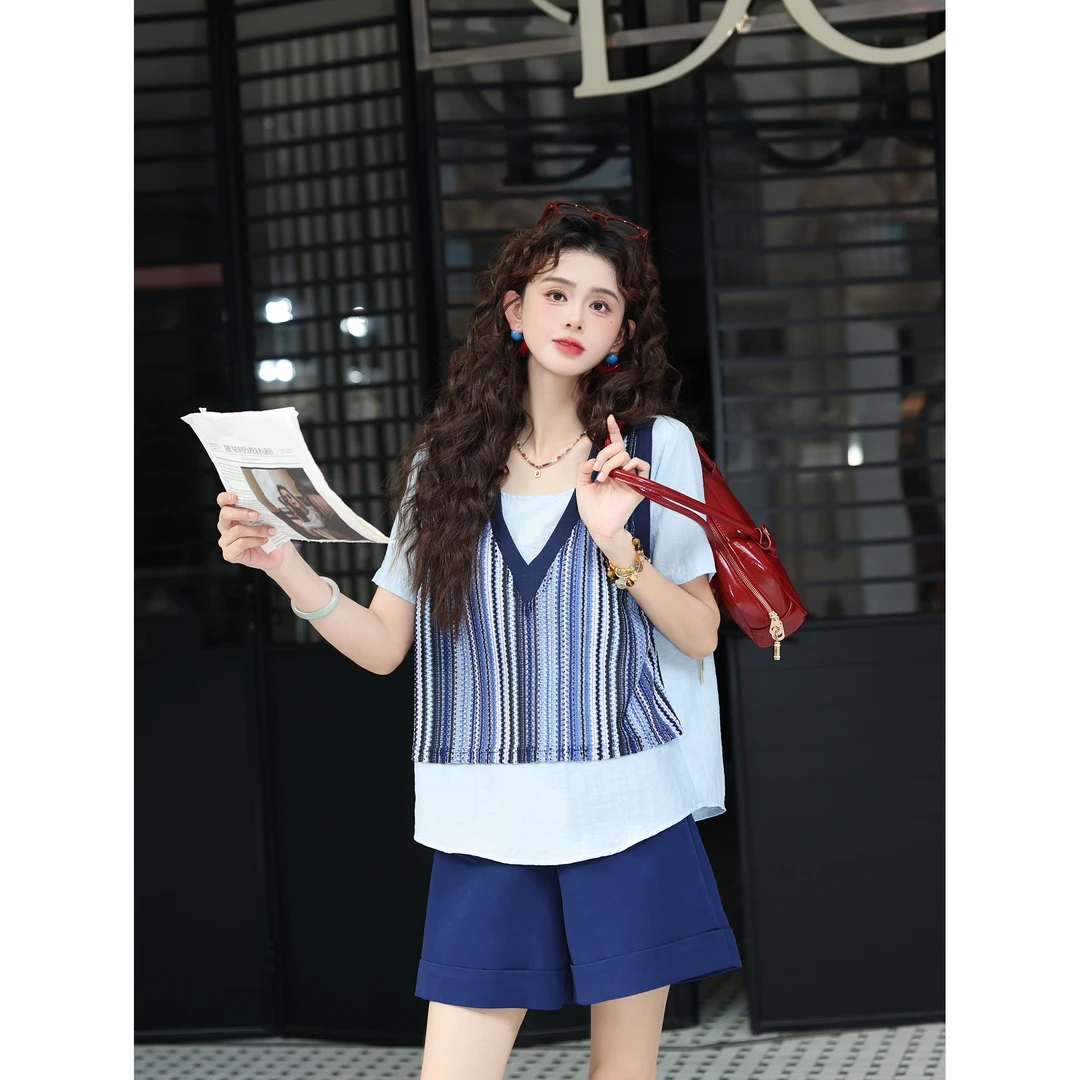 陈大器【蓝川白波】复古港风假俩件条纹衬衫百搭宽松上衣JS1116039