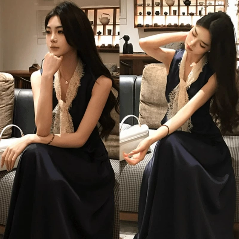 法式高级感蕾丝v领无袖背心上衣女春季新款显瘦a字半身长裙两件套