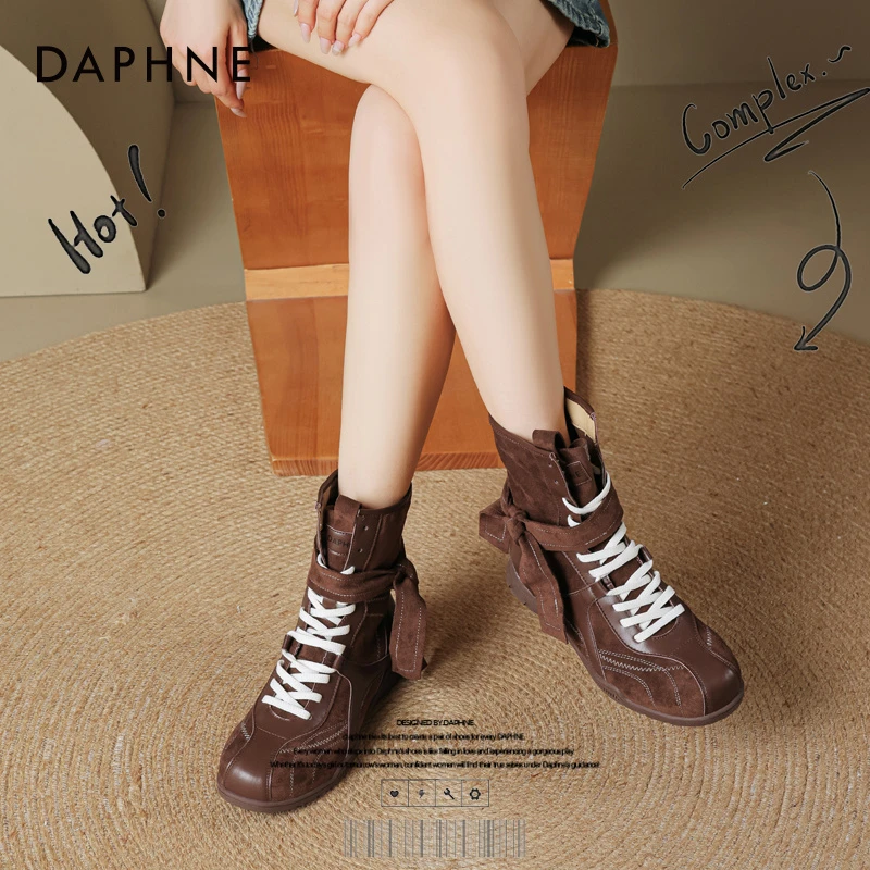 达芙妮网红爆款棕色西部牛仔靴女2025秋冬季复古拳击靴美拉德短靴