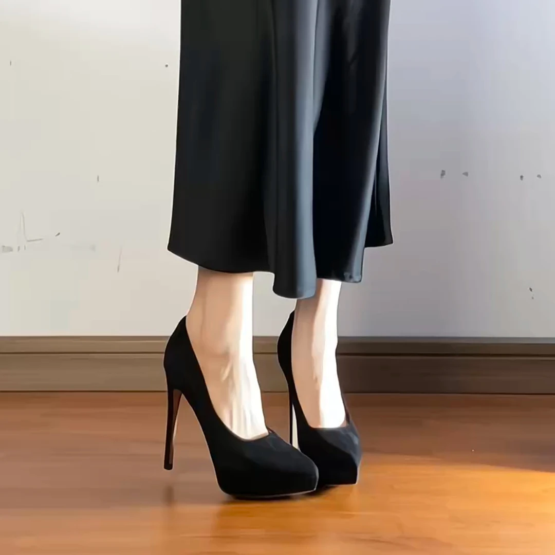 配裙高跟鞋小个子防水台厚底舒适不累脚绒面黑色单鞋阔腿裤必备鞋