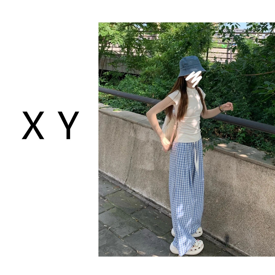 【XY】慵懒一夏 格纹直筒裤 薄款透气抽绳松紧腰休闲裤