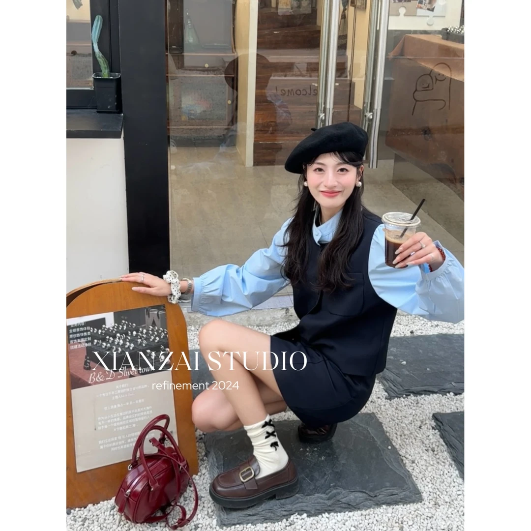 XIANZAI【拼接态度】早秋新款韩版洋气时尚拼接长袖+裙子两件套装