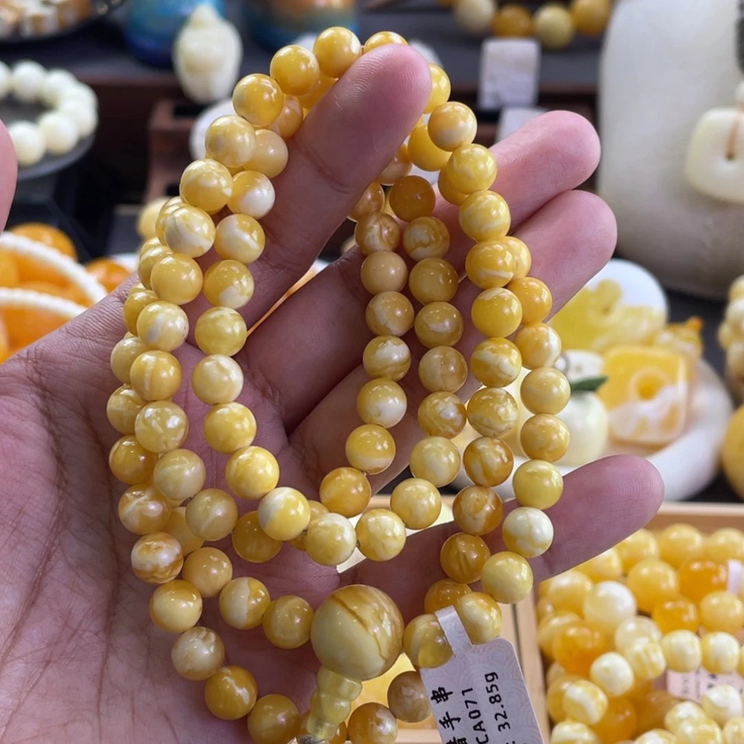 琥珀未镶嵌手链俄料瓷白满蜡小年份108多圈