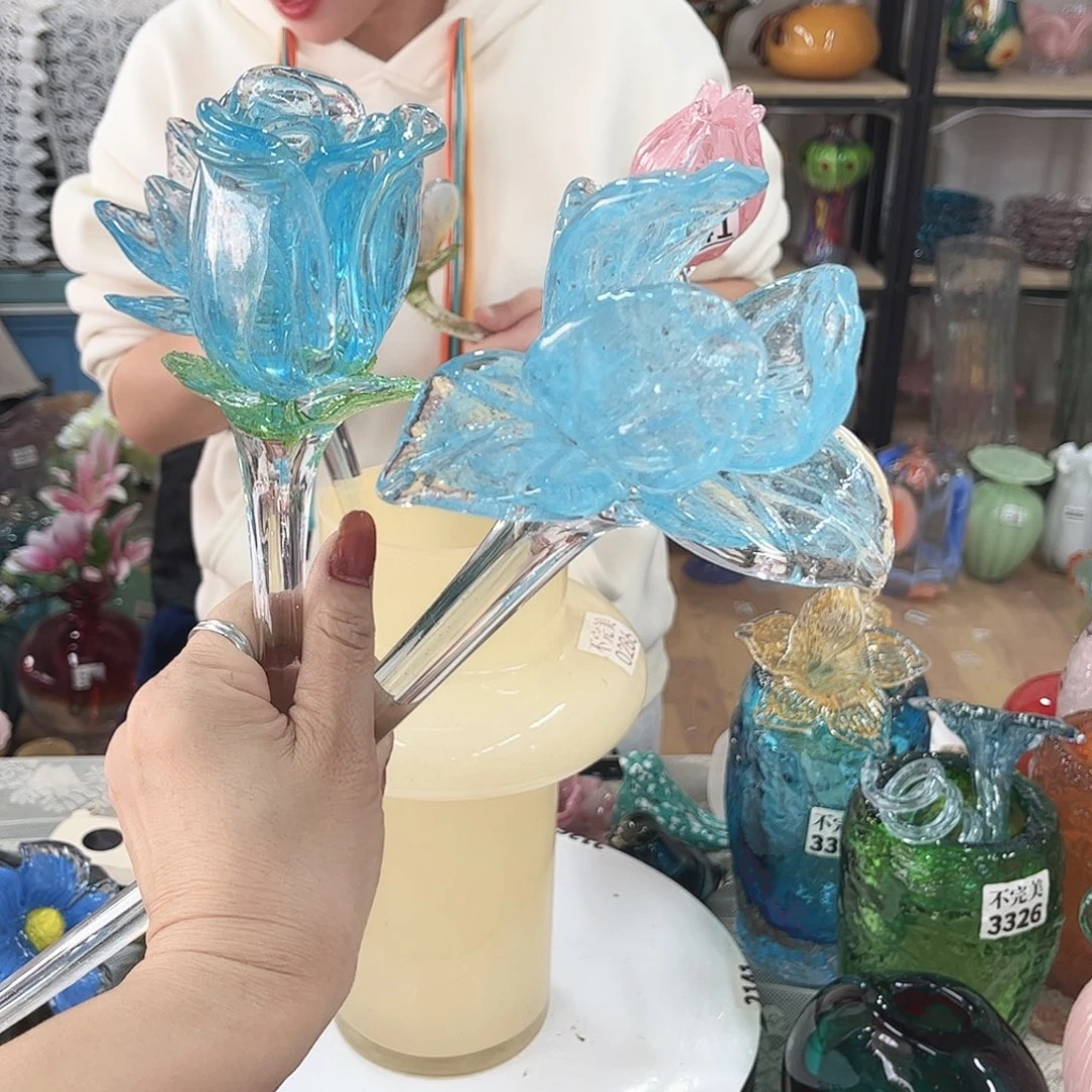 2朵冰蓝瑕 家悦琉璃工艺品