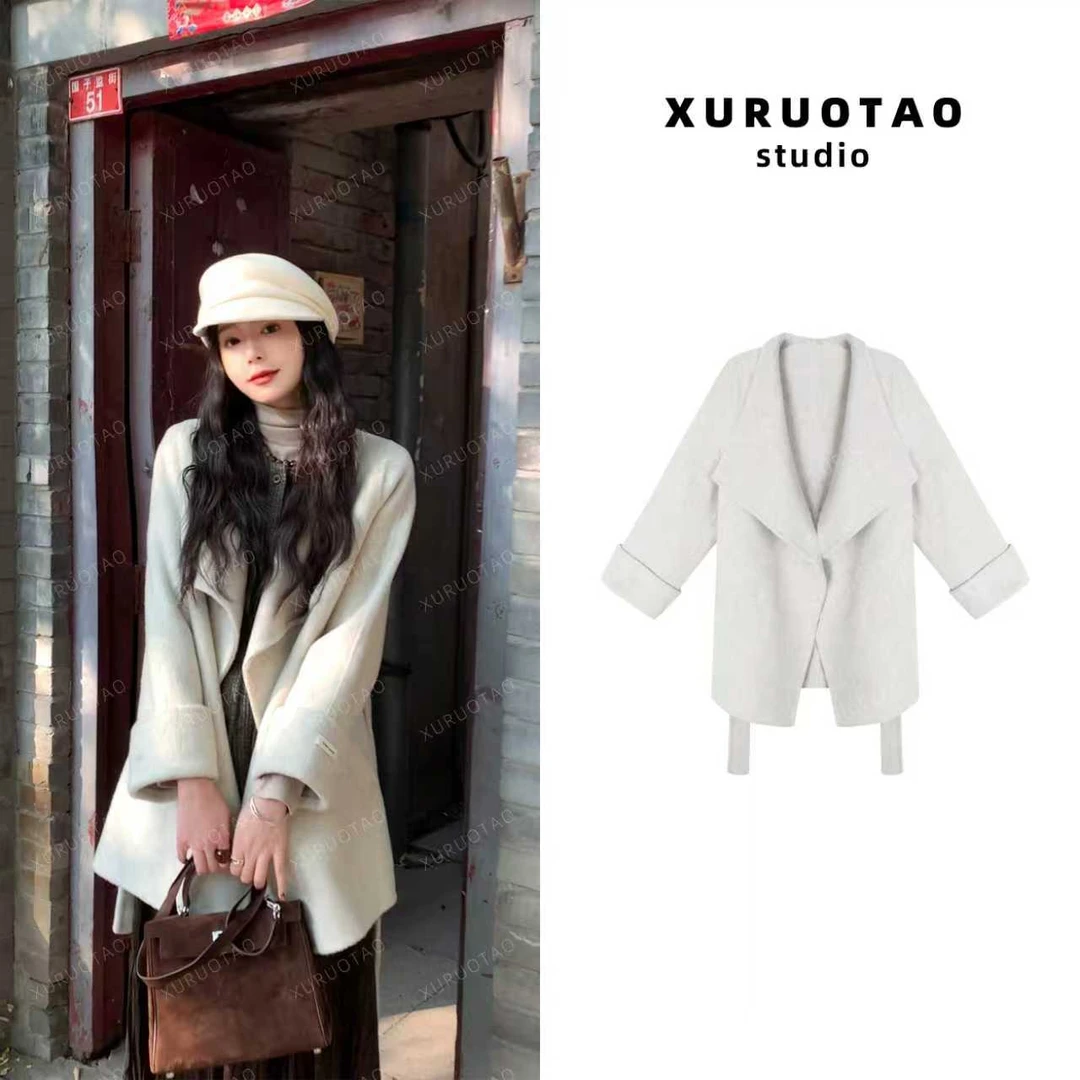 XURUOTAO【女主大衣】澳洲羊毛混纺天丝时髦百搭米白色外套 T5809