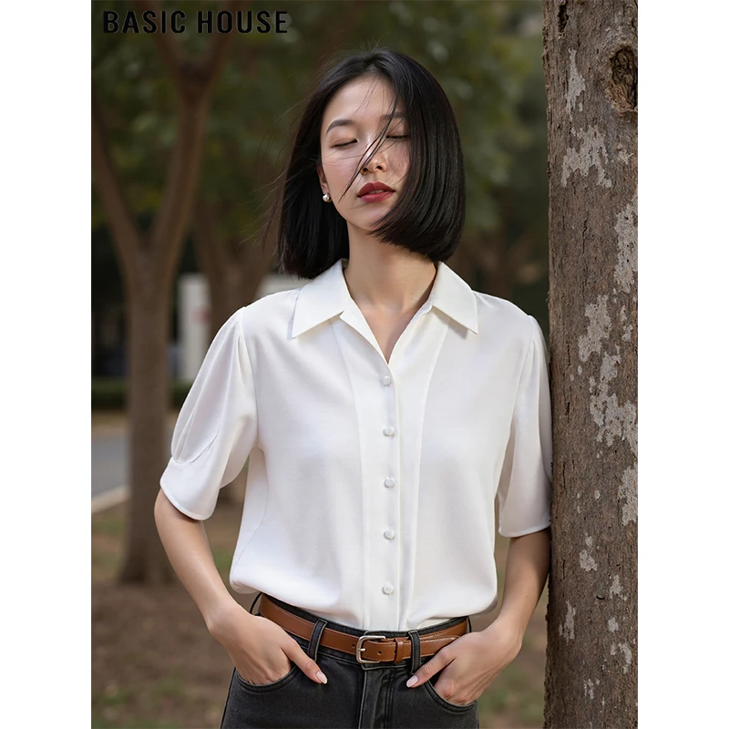 BasicHouse/百家好西装领白色短袖衬衫女夏季薄款防晒衬衣女款