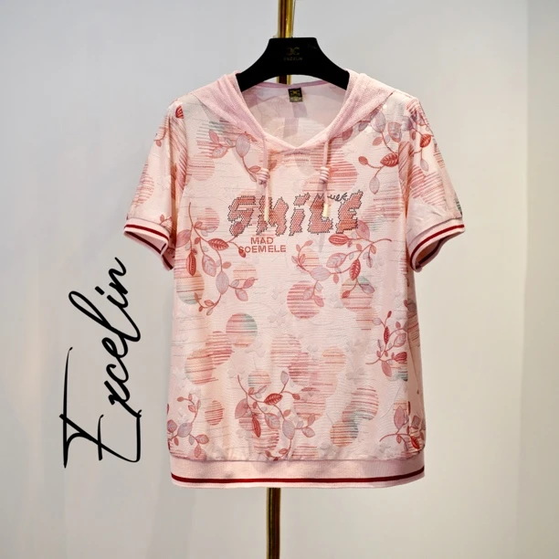 淡粉描金油画冰丝帽衫短袖】夏季新款洋气穿搭高档显瘦女士出行T恤