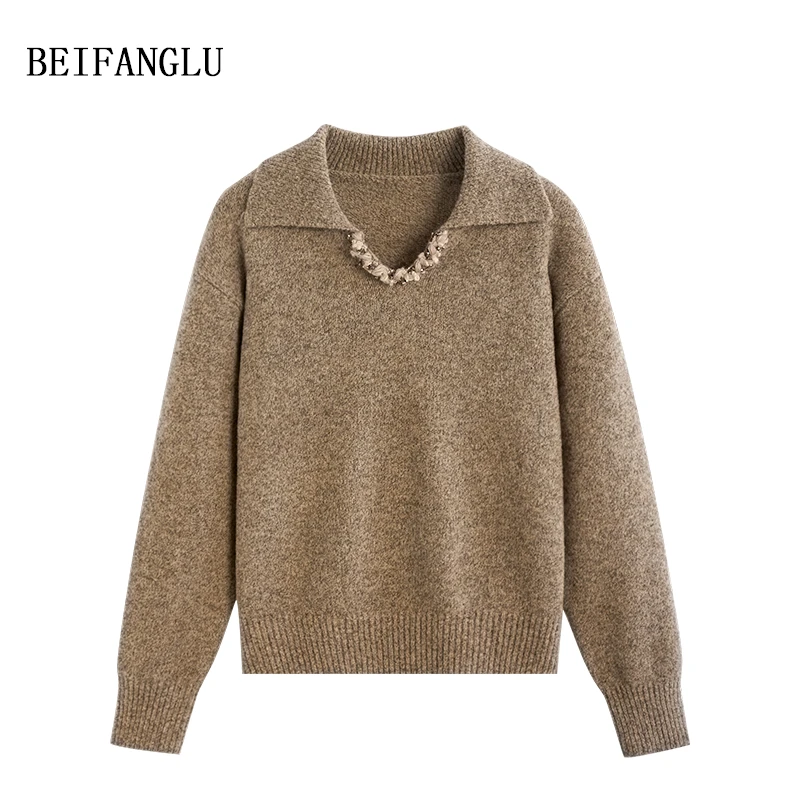 北方鹿【优雅静奢风】早春2025气质编织水钻亮片V领针织羊毛衫2950