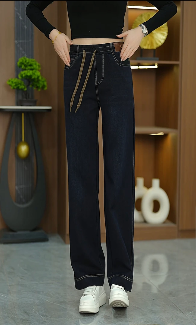 2025春秋新款弹力高腰显瘦宽松百搭外穿中老年妈妈水洗牛仔阔腿裤