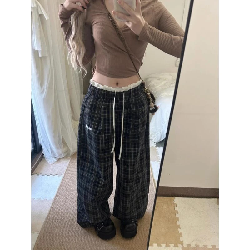 蕾丝拼接格子阔腿裤女春夏薄宽松高腰直筒休闲甜美可爱风格衣服