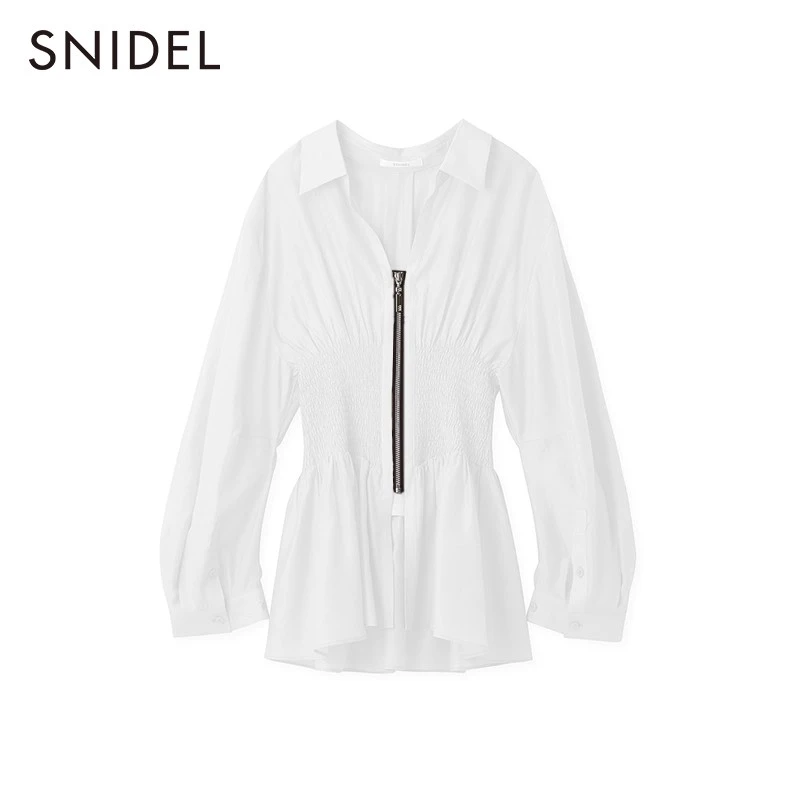 SNIDEL纯色翻领褶皱束腰拉链长袖裙摆衬衫SWFB232084
