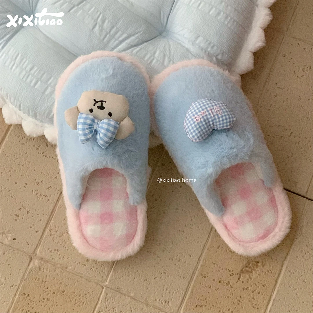 细细条 韩系蝴蝶结小熊毛毛鞋女防滑学生冬季居家可爱撞色棉拖鞋