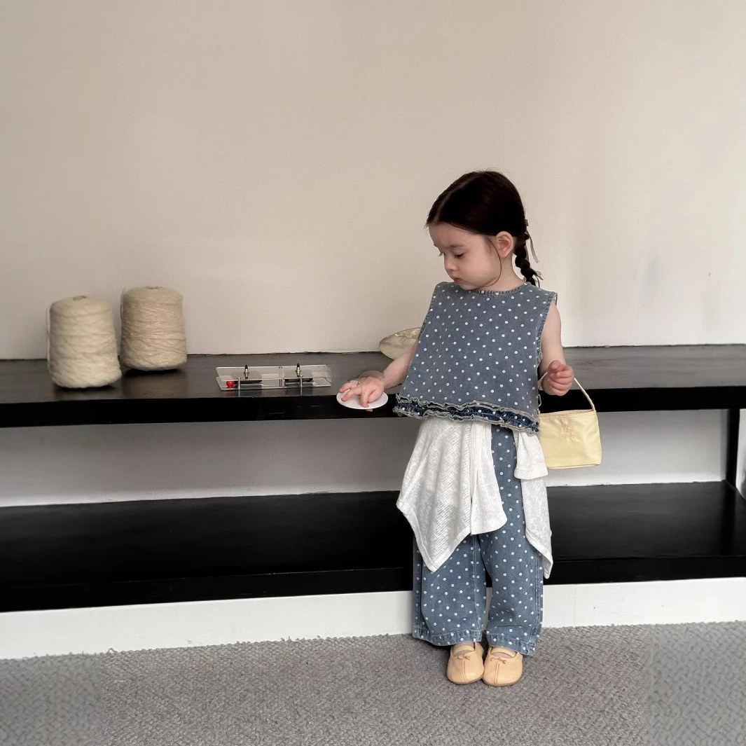 《小思家》女童2025夏季新款韩版ins风洋气牛仔波点套装