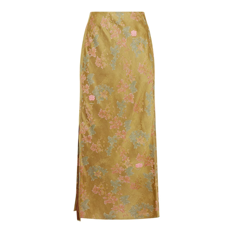 dzzit地素半身裙25春新款新中式暗纹提花开叉直筒长裙女3J1S4276V