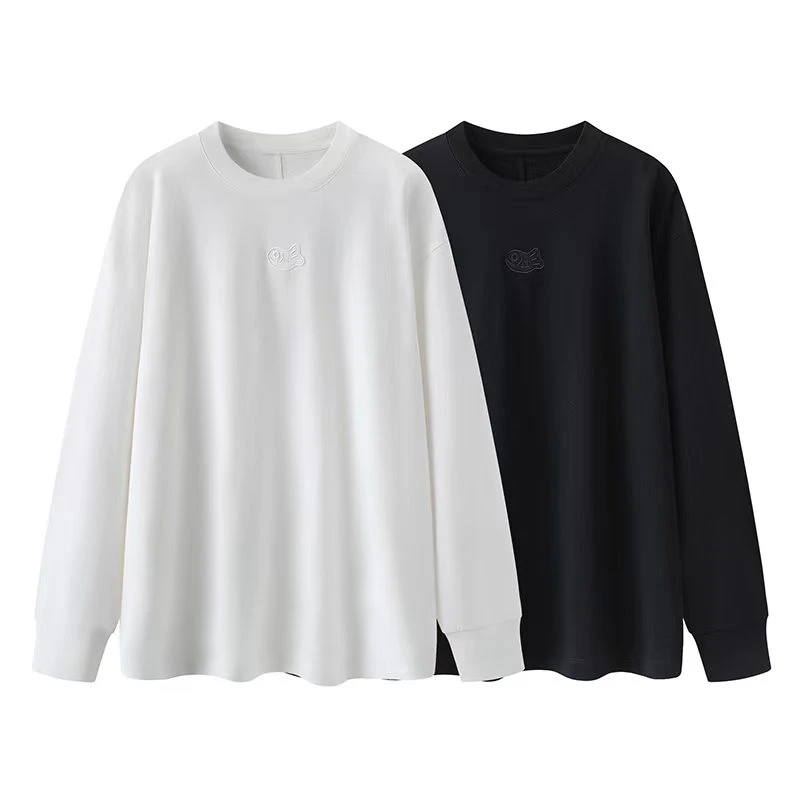 C254春新品圆领简约时尚卡通刺绣宽松休闲百搭全棉长袖T恤上衣女