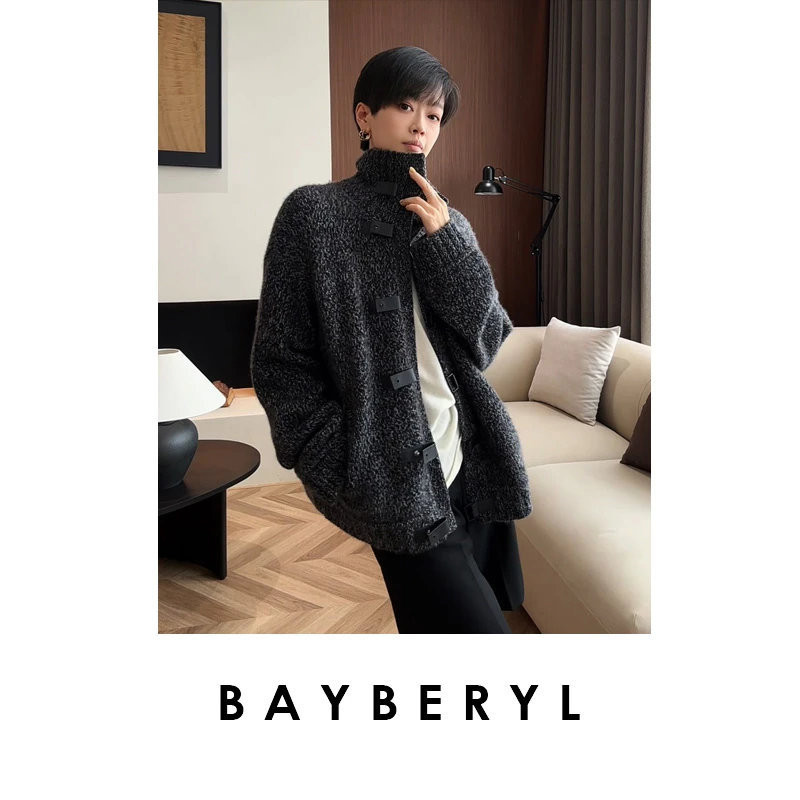 BAYBERYL老贝皮扣花纱灰立领百搭羊绒秋针织开衫9ZZS5H2946