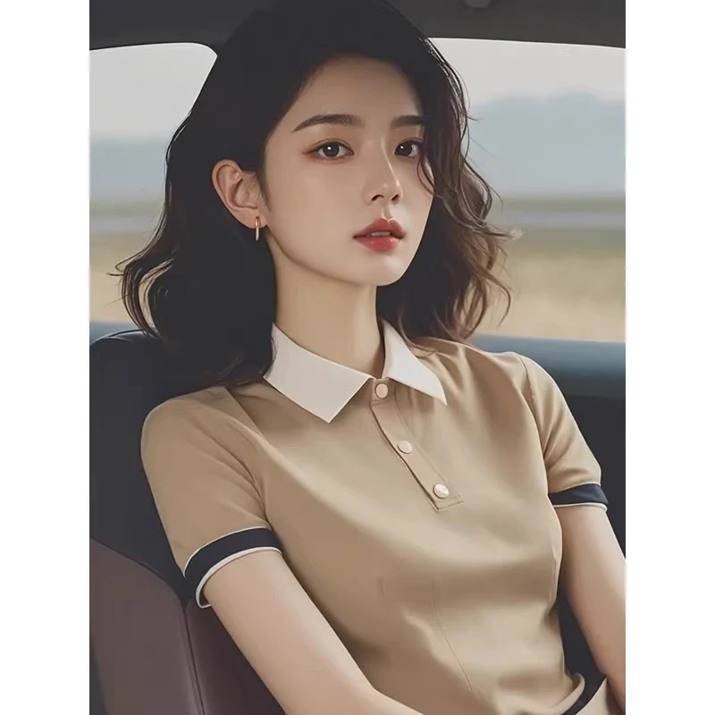 显瘦独特百搭辣妹polo领绝美上衣设计感小众洋气正肩短袖t恤女