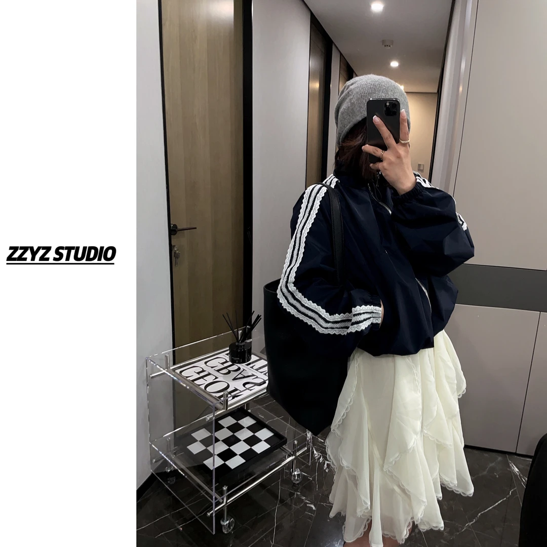 【ZZYZ】“清迈花园”蕾丝边条纹棒球服外套韩版立领运动夹克上衣
